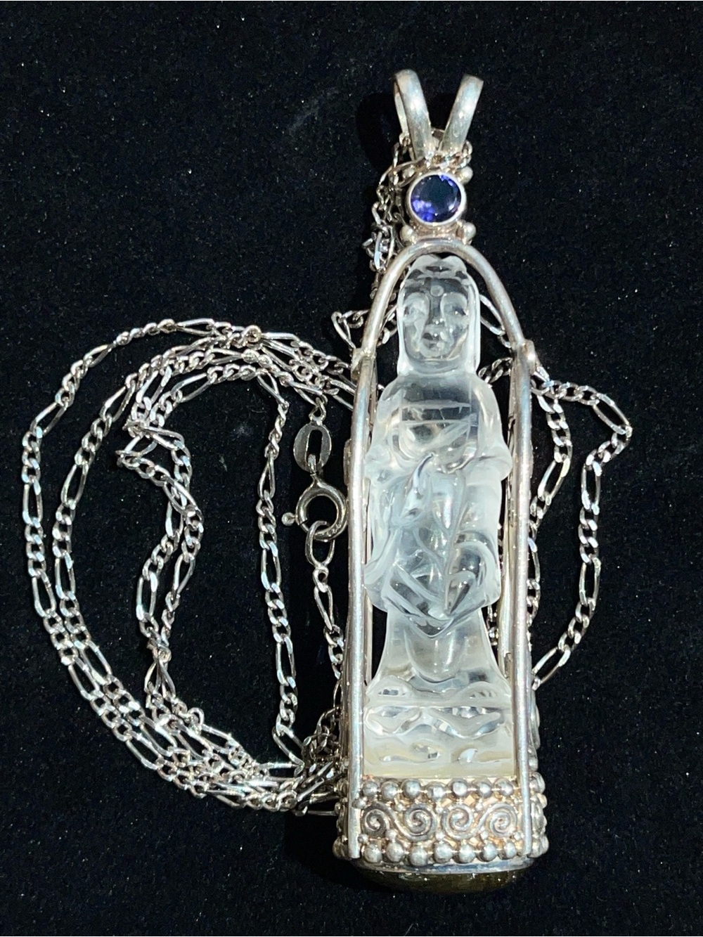 Vintage Sajen Quan Yin 3” Carved Quartz Sterling Filigree Labradorite Necklace